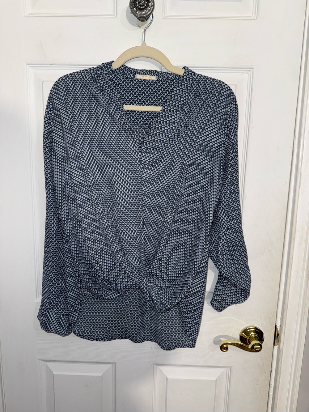 Pleione Navy Geometric Twist-Front Blouse